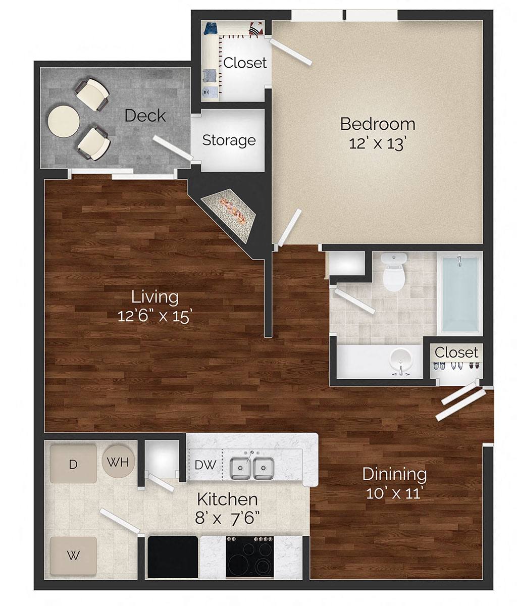 Floor plan for 1 bed, 1 bath, 777 sqft